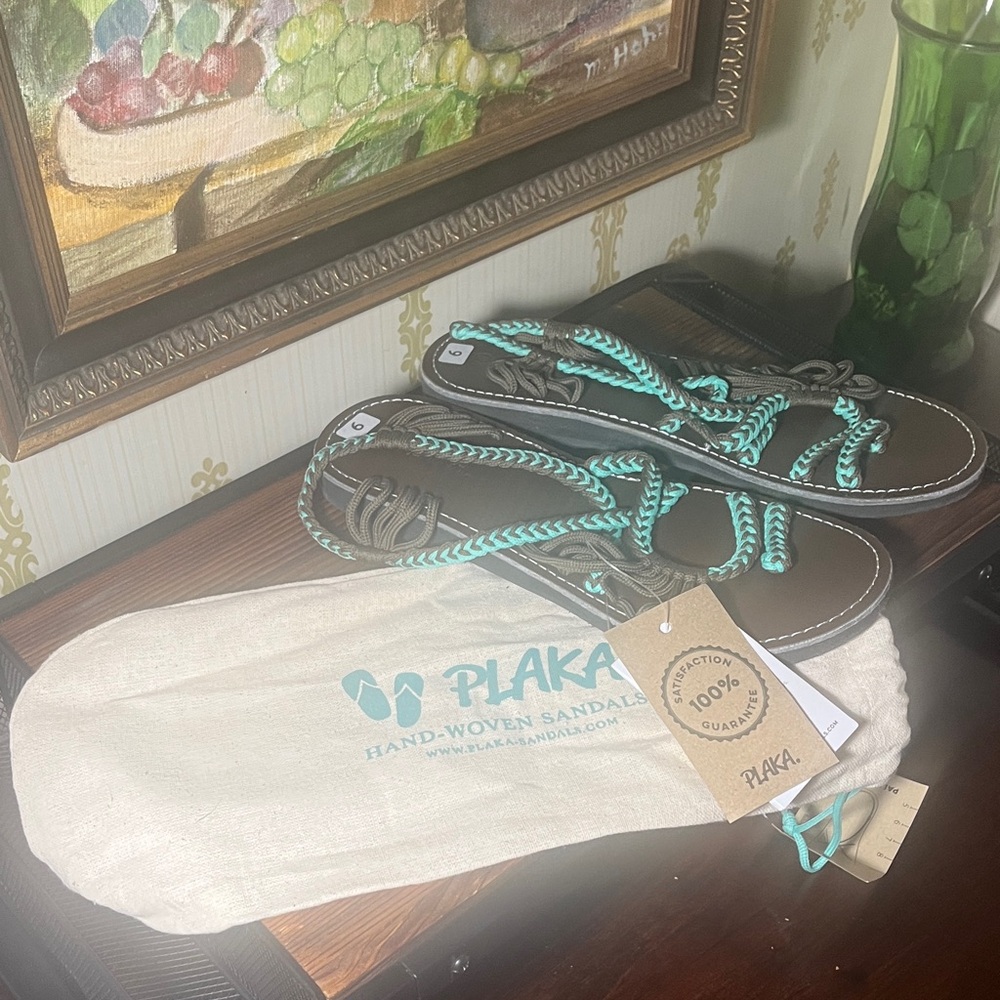 Turquoise and brown Plaka woven sandals